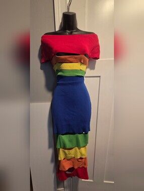 Rainbow Off-Shoulder Cutout Bodycon Dress